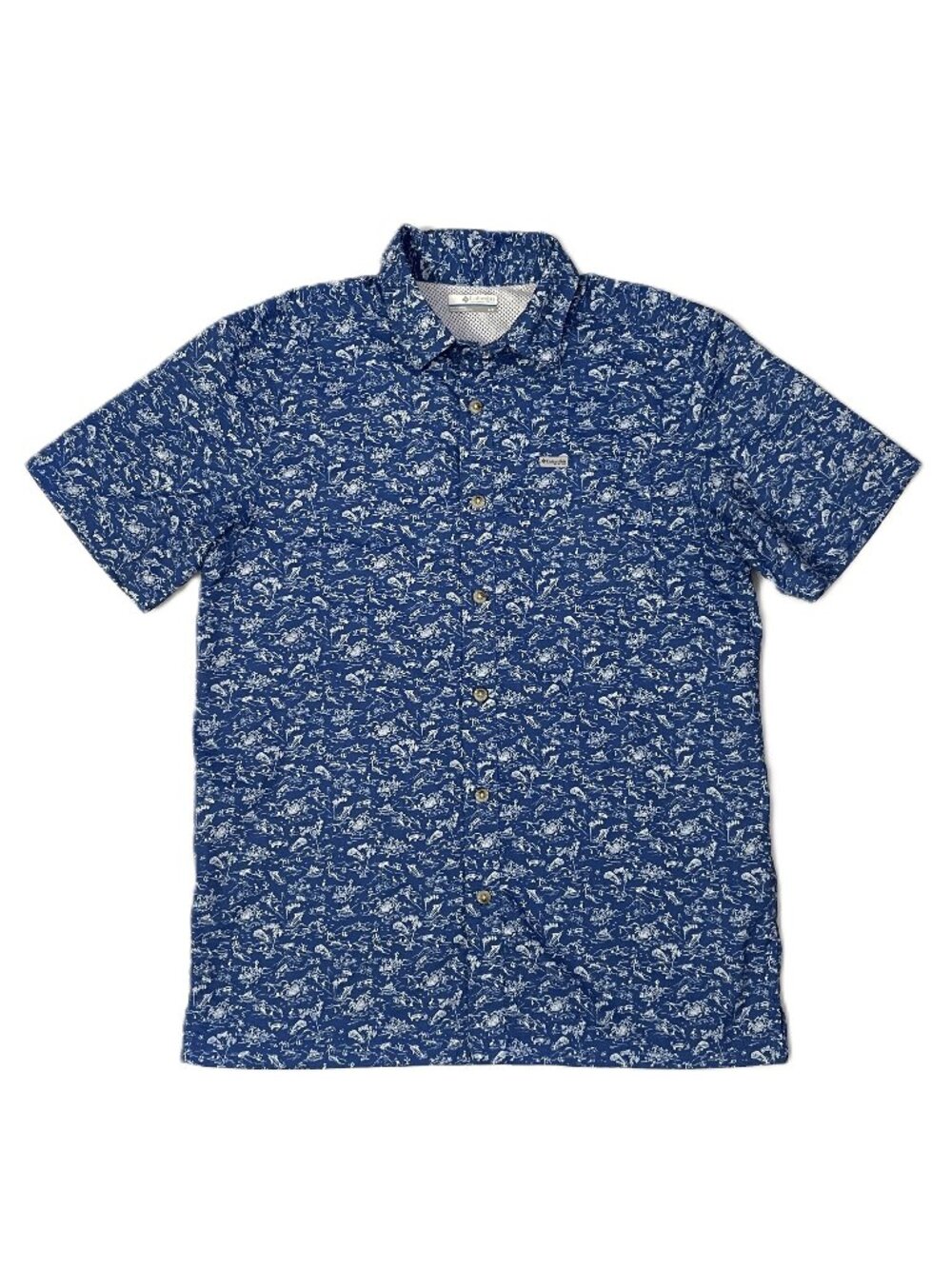 Columbia PFG Shirt Men's Small Blue Super Slack Tide Camp Button Up Fish AOP